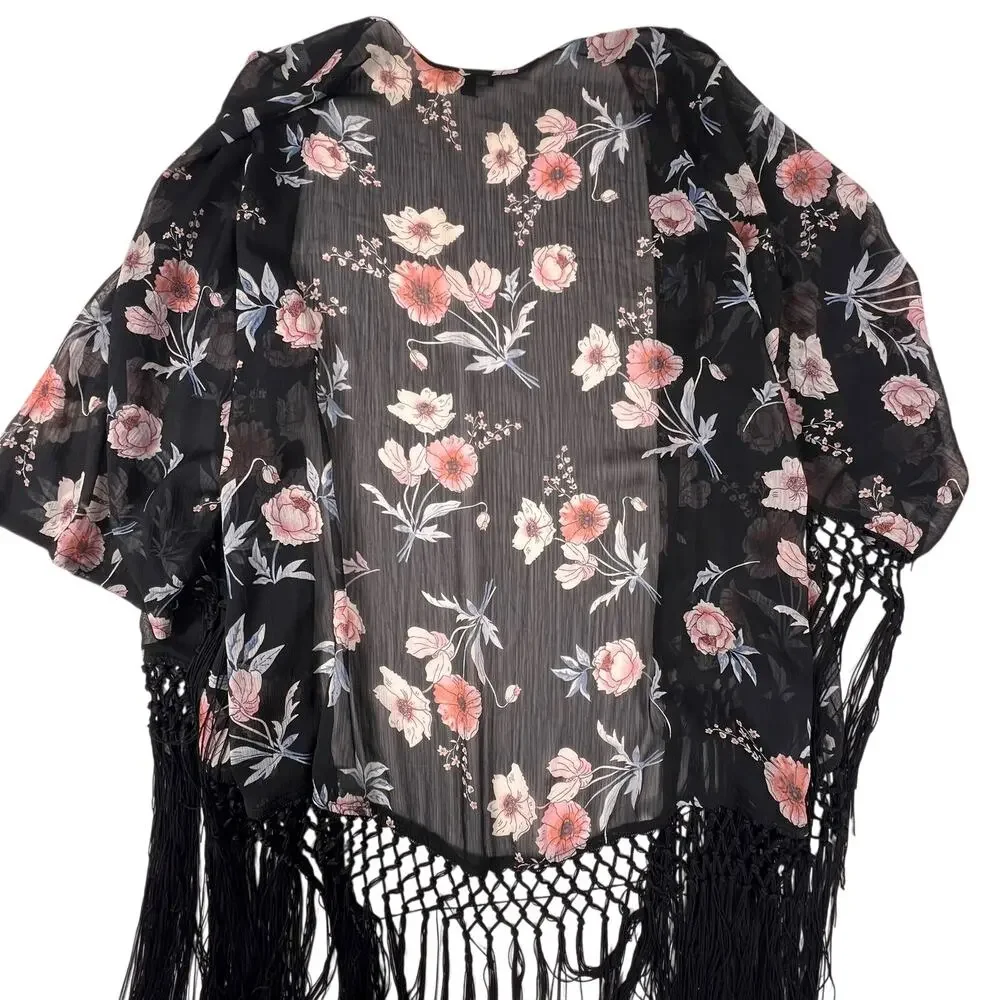 Torrid Fringe Kimono 3/4 Plus Size Sheer Floral Boho Shawl Wrap Festival Wedding - Picture 4 of 13